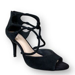 Nine West Black Suede Leather Strappy Gladiator Zip Heels Pumps Women's size 8